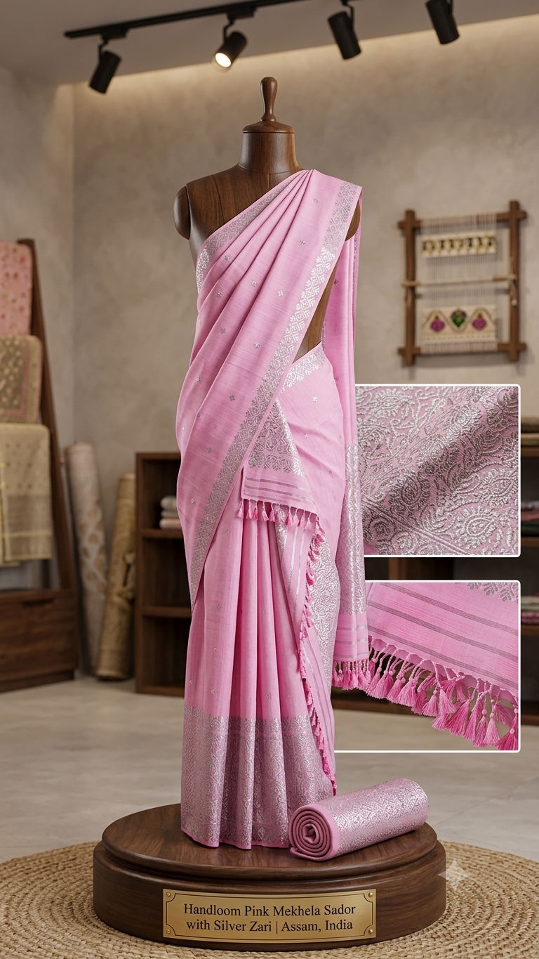 Pure Cotton Kesapat Mekhela Sador with Silver Zari - styled on mannequin