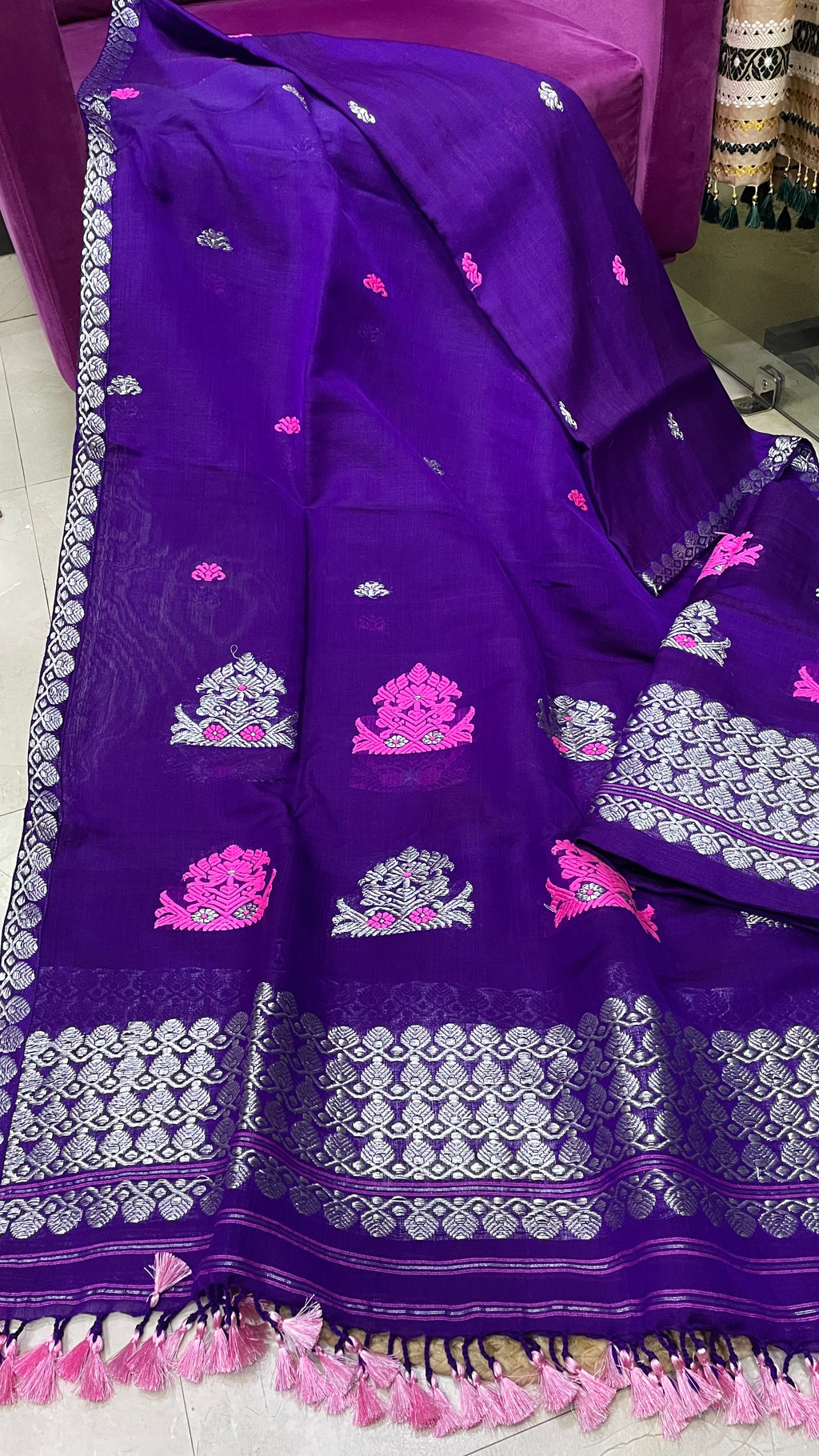 Pure Cotton Kesapat Mekhela Sador with Pink & Silver Zari