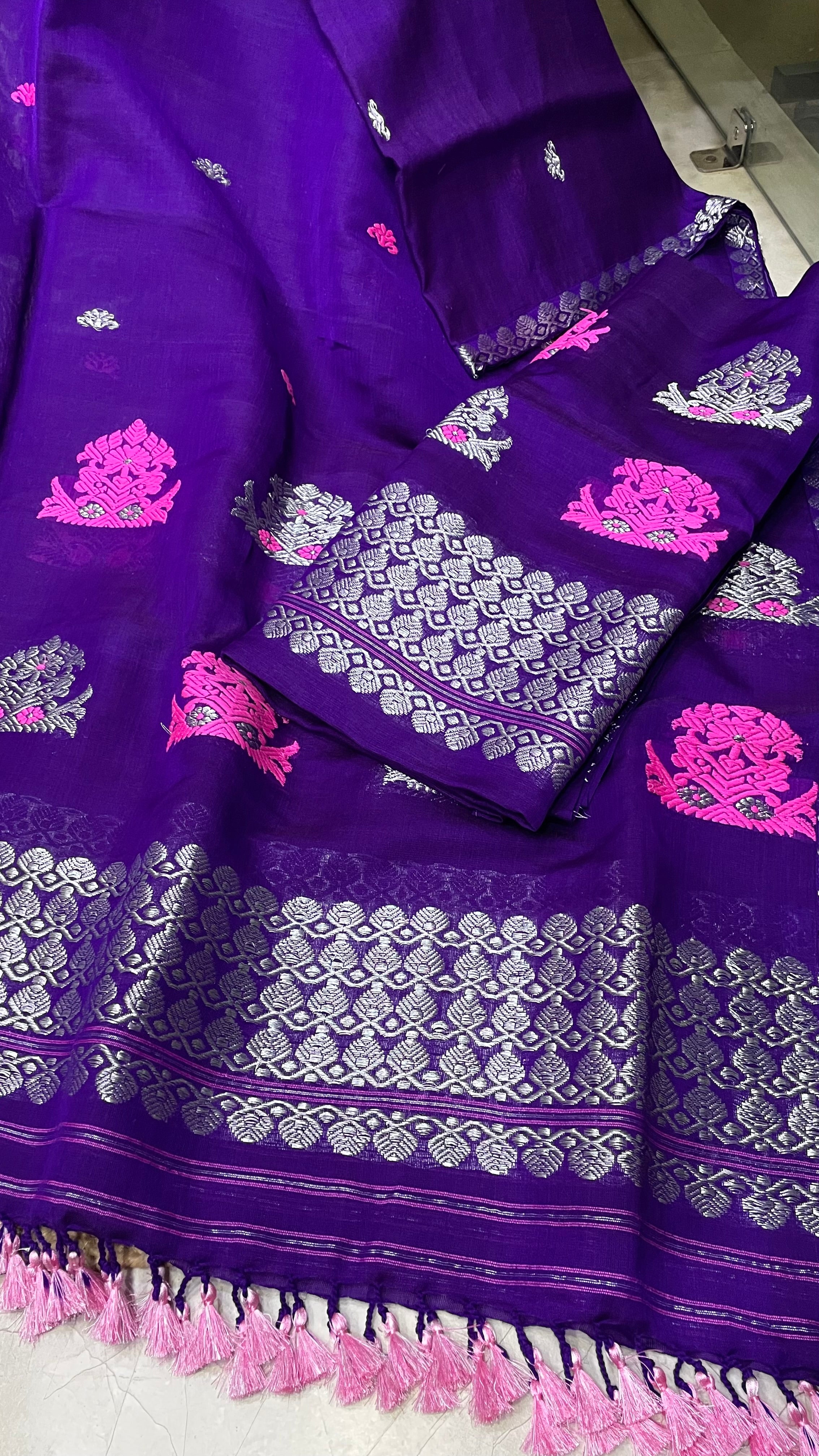 Pure Cotton Kesapat Mekhela Sador with Pink & Silver Zari