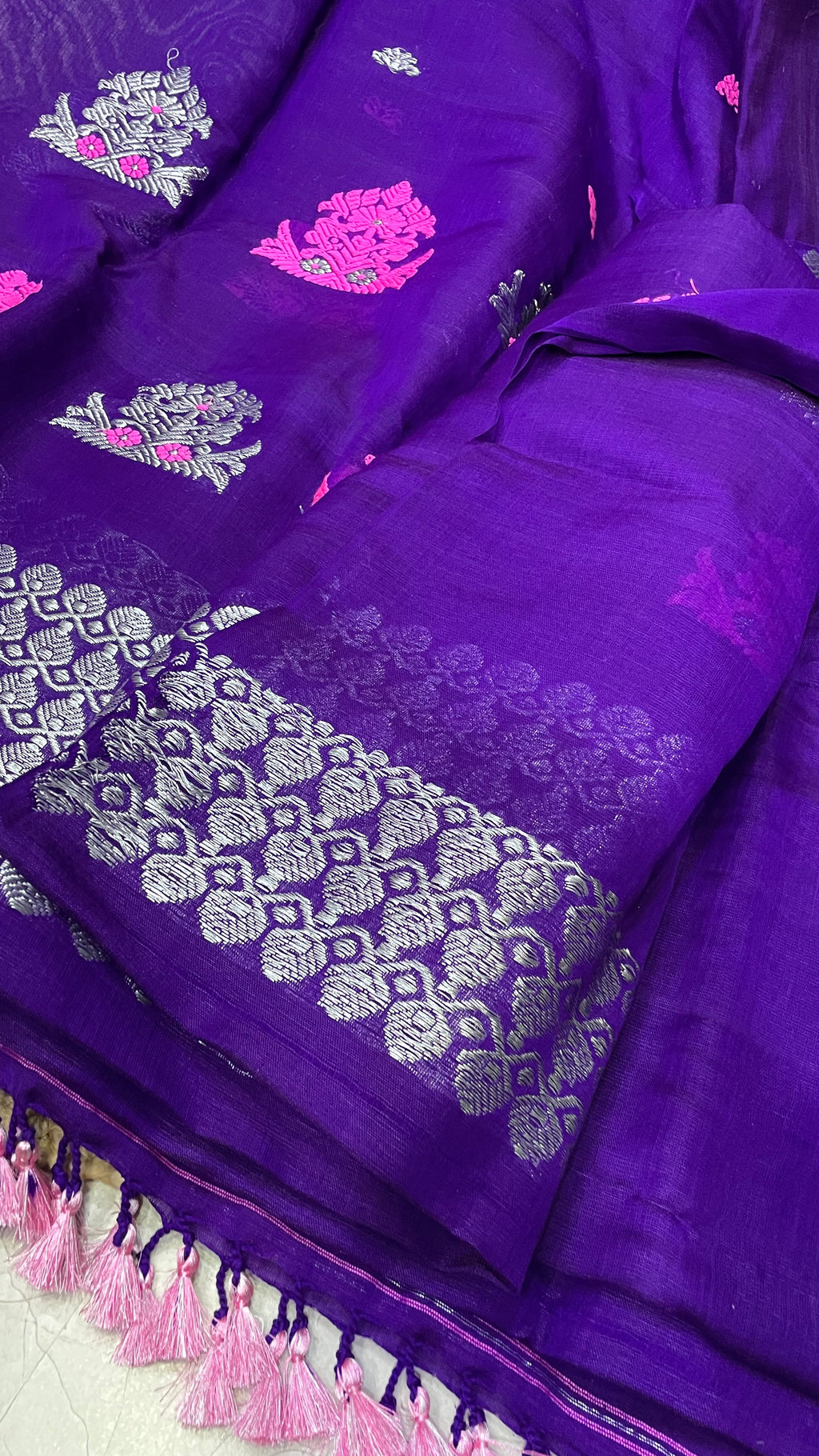 Pure Cotton Kesapat Mekhela Sador with Pink & Silver Zari