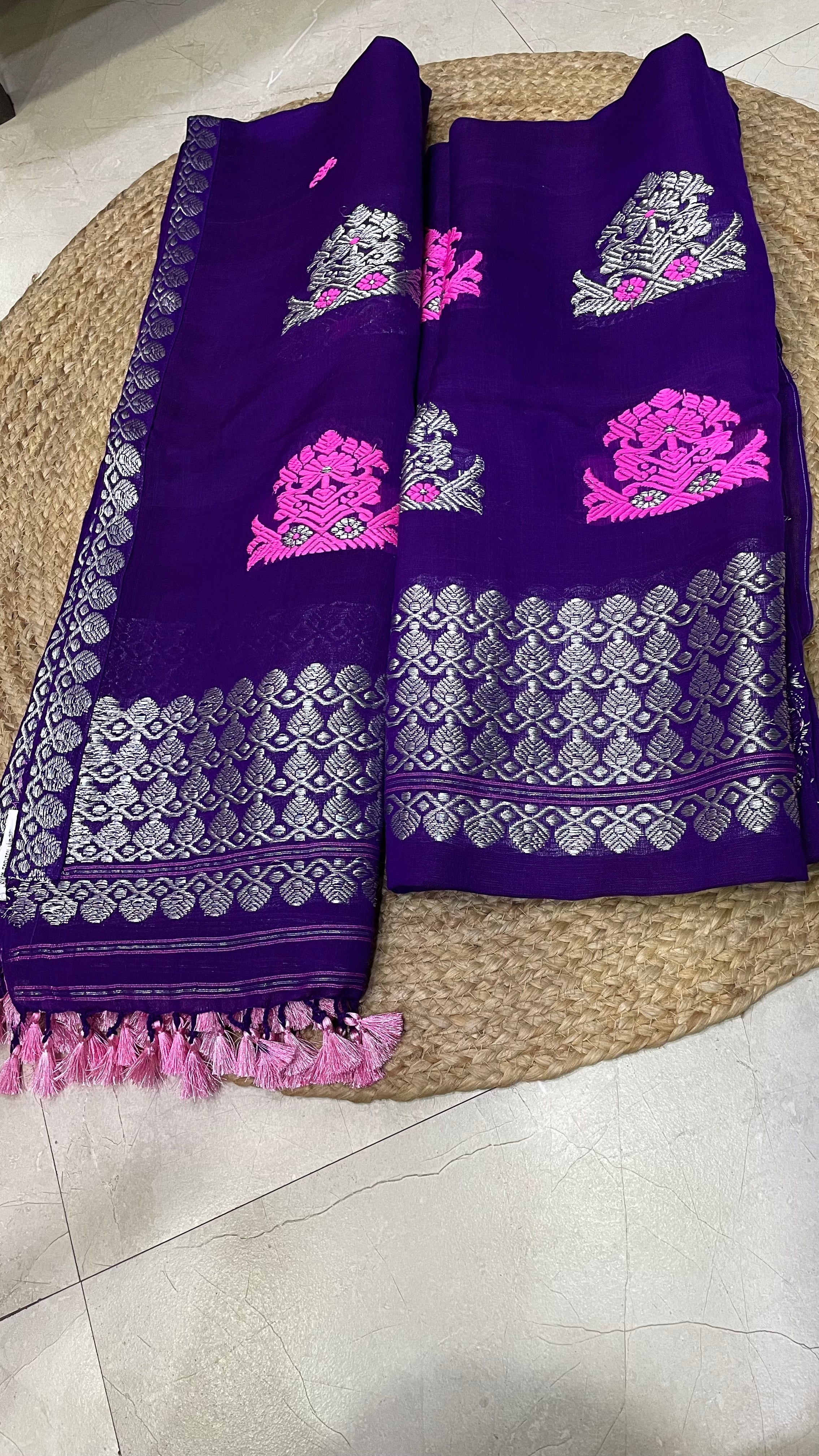 Pure Cotton Kesapat Mekhela Sador with Pink & Silver Zari