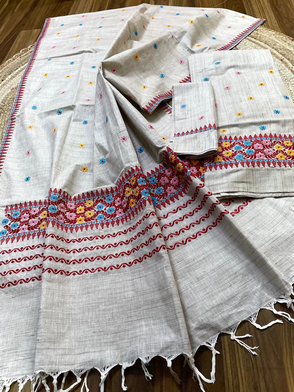 Khadi Soft Ghisa Jura Mekhela Sador - Red Border