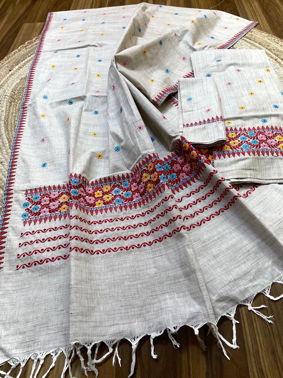 Khadi Soft Ghisa Jura Mekhela Sador - Pink Blue Border