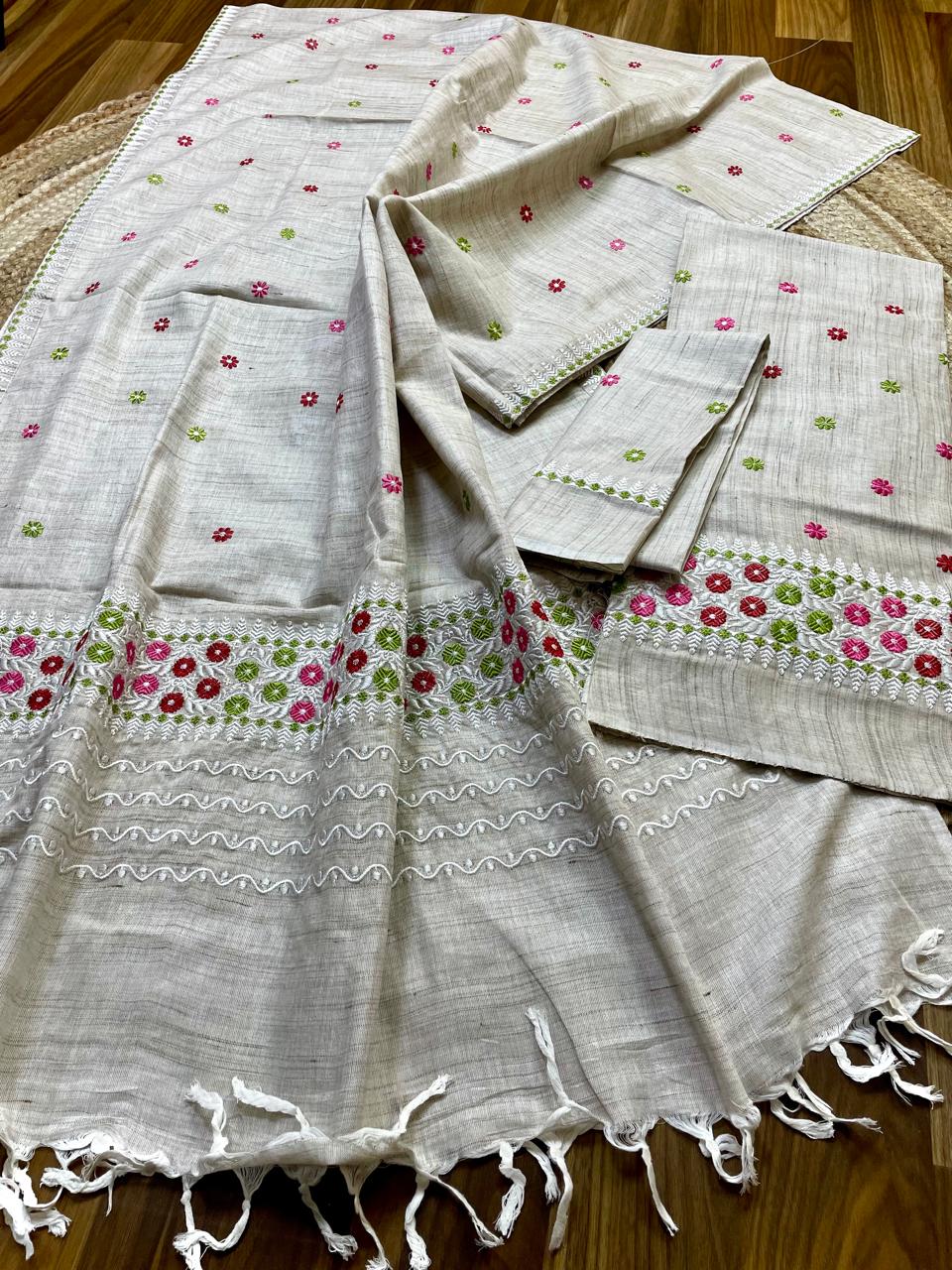 Khadi Soft Ghisa Jura Mekhela Sador - white n green Border