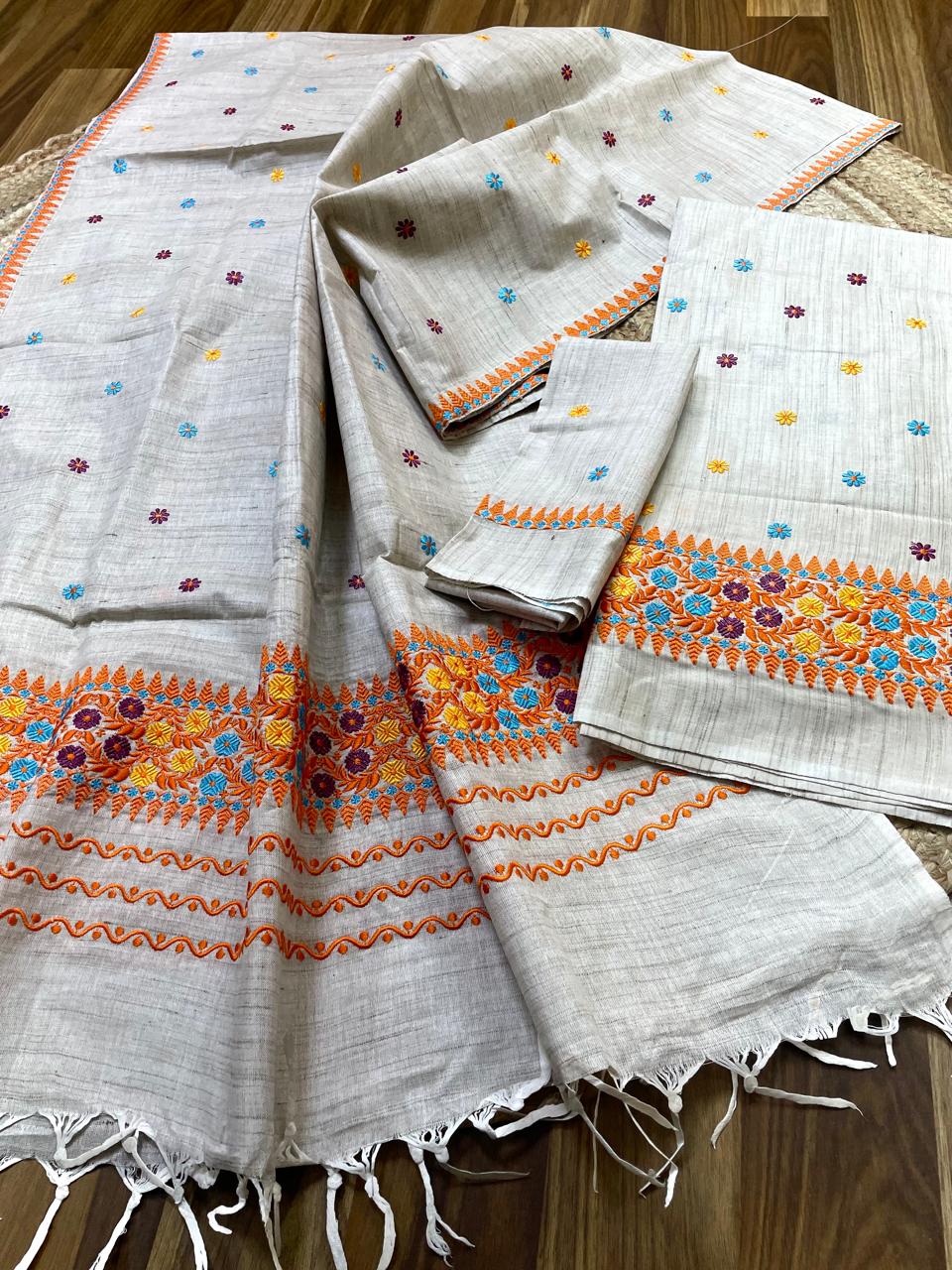 Khadi Soft Ghisa Jura Mekhela Sador - Orange Multi Border