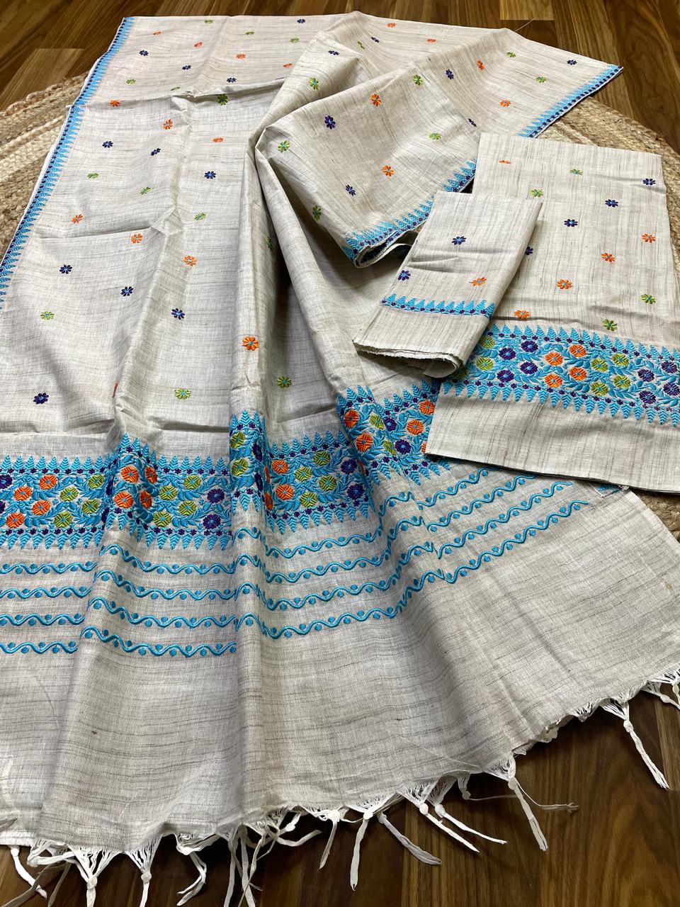 Khadi Soft Ghisa Jura Mekhela Sador - Surf blue border